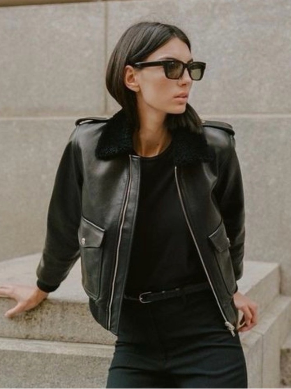 Nili Lotan Kenzie Genuine Shearling Collar Leather Aviator Jacket - Picture 2 of 7